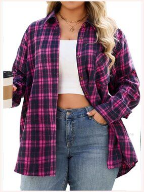 Plus Size Plaid Flannel Shirt Long Sleeve Button Down Soft Oversize Blouse Top
